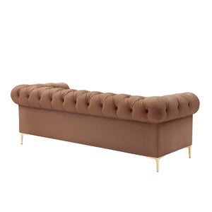 HomeRoots 87" Camel Faux Leather Chesterfield Sofa with Solid Wood Frame, Modern Gold Legs & Timeless Comfort 543940