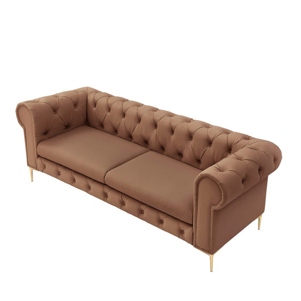 HomeRoots 87" Camel Faux Leather Chesterfield Sofa with Solid Wood Frame, Modern Gold Legs & Timeless Comfort 543940