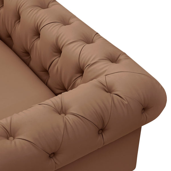 HomeRoots 87" Camel Faux Leather Chesterfield Sofa with Solid Wood Frame, Modern Gold Legs & Timeless Comfort 543940