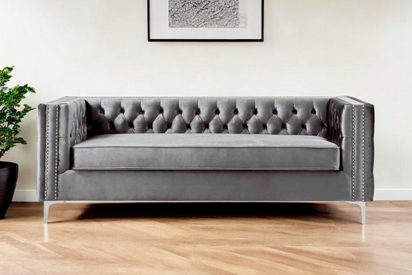 Homeroots 84" Gray Velvet Sofa With Silver Legs Grey  543944