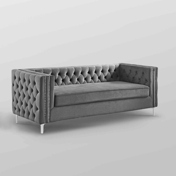 Homeroots 84" Gray Velvet Sofa With Silver Legs Grey  543944