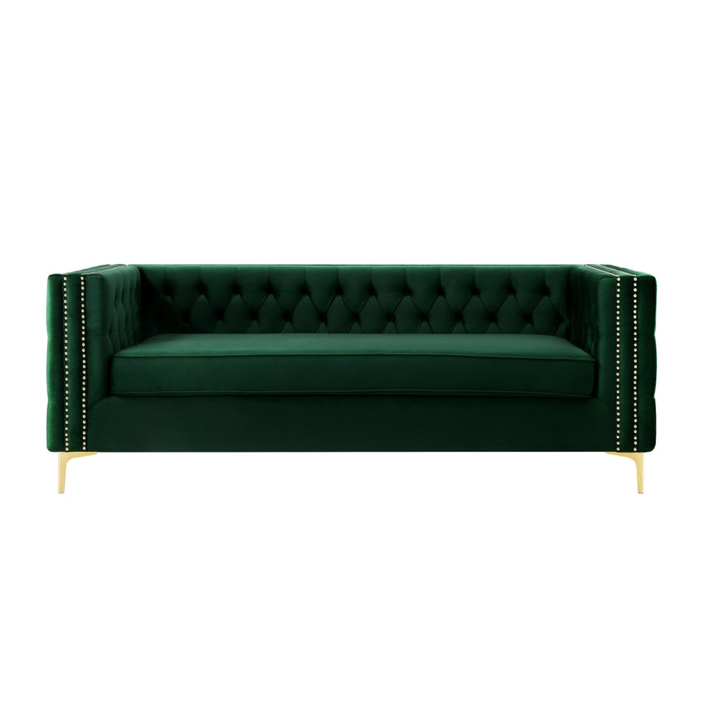 HomeRoots 84" Luxurious Hunter Green Velvet Sofa with Gold Legs - Modern Design, Comfort for 3, Easy Assembly 543945