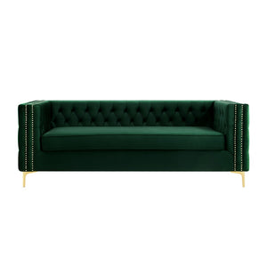 HomeRoots 84" Luxurious Hunter Green Velvet Sofa with Gold Legs - Modern Design, Comfort for 3, Easy Assembly 543945