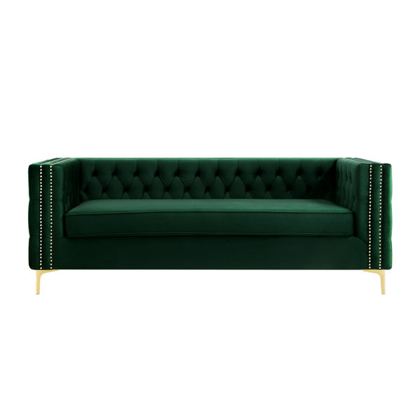 HomeRoots 84" Luxurious Hunter Green Velvet Sofa with Gold Legs - Modern Design, Comfort for 3, Easy Assembly 543945
