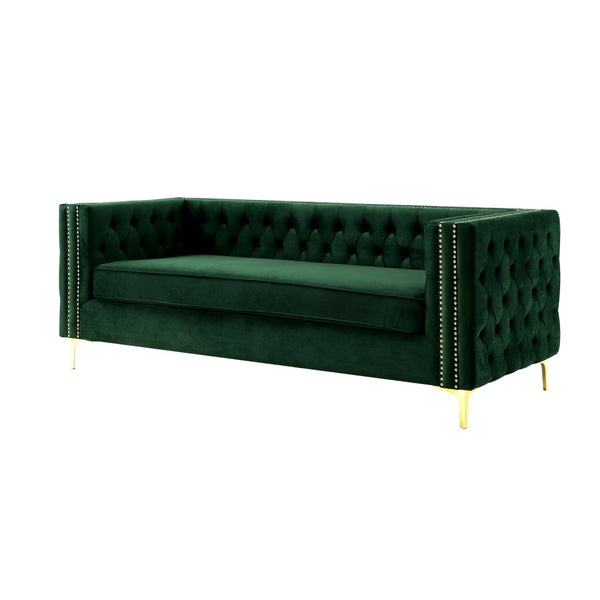 HomeRoots 84" Luxurious Hunter Green Velvet Sofa with Gold Legs - Modern Design, Comfort for 3, Easy Assembly 543945