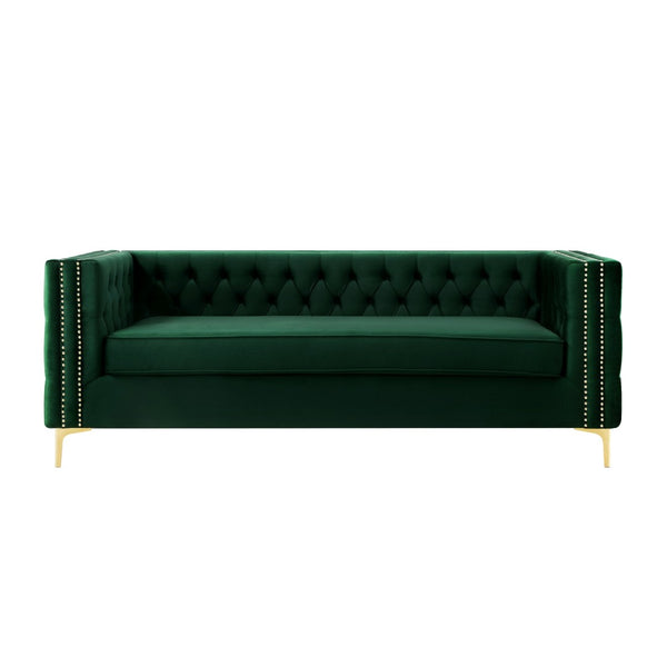 HomeRoots 84" Luxurious Hunter Green Velvet Sofa with Gold Legs - Modern Design, Comfort for 3, Easy Assembly 543945