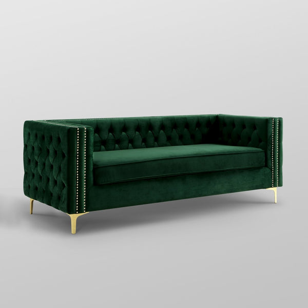 HomeRoots 84" Luxurious Hunter Green Velvet Sofa with Gold Legs - Modern Design, Comfort for 3, Easy Assembly 543945