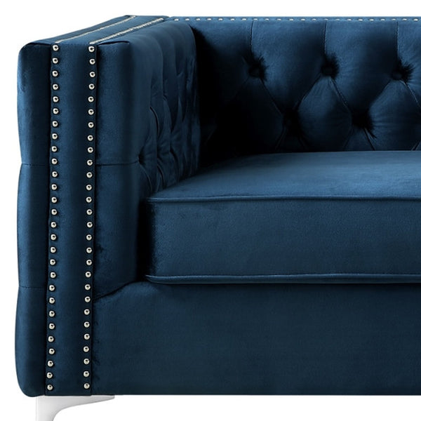 Homeroots 84" Navy Blue Velvet Sofa With Silver Legs Navy  543946