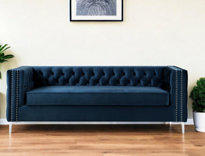 Homeroots 84" Navy Blue Velvet Sofa With Silver Legs Navy  543946