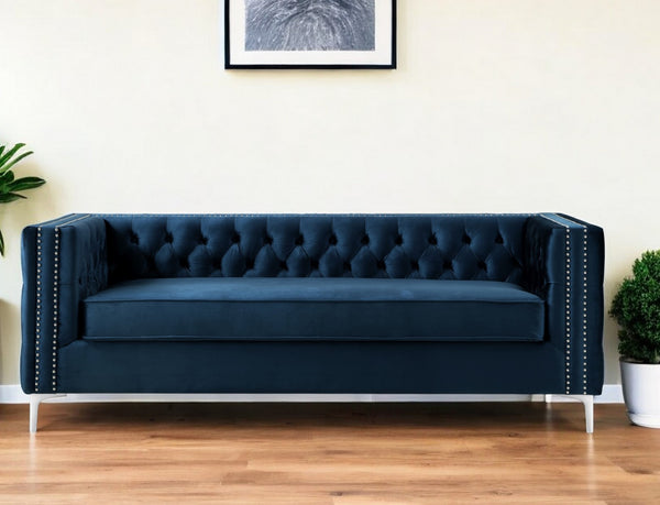 Homeroots 84" Navy Blue Velvet Sofa With Silver Legs Navy  543946