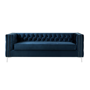 Homeroots 84" Navy Blue Velvet Sofa With Silver Legs Navy  543946