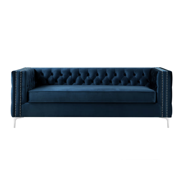 Homeroots 84" Navy Blue Velvet Sofa With Silver Legs Navy  543946