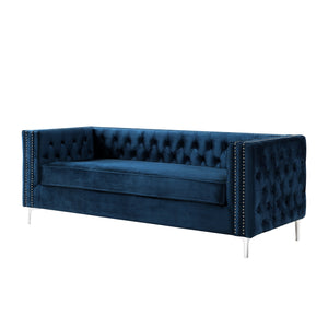 Homeroots 84" Navy Blue Velvet Sofa With Silver Legs Navy  543946