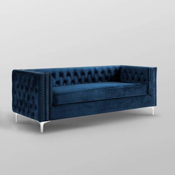 Homeroots 84" Navy Blue Velvet Sofa With Silver Legs Navy  543946