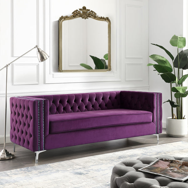 Homeroots 84" Purple Velvet Sofa With Silver Legs Purple  543947
