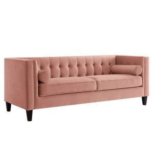HomeRoots 83" Blush Velvet Sofa with Toss Pillows - Luxurious Comfort, Modern Design & Durable Wood Frame 543948