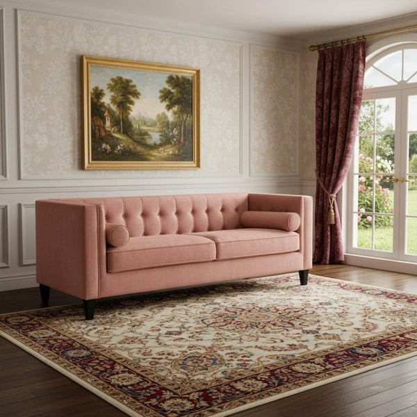 HomeRoots 83" Blush Velvet Sofa with Toss Pillows - Luxurious Comfort, Modern Design & Durable Wood Frame 543948
