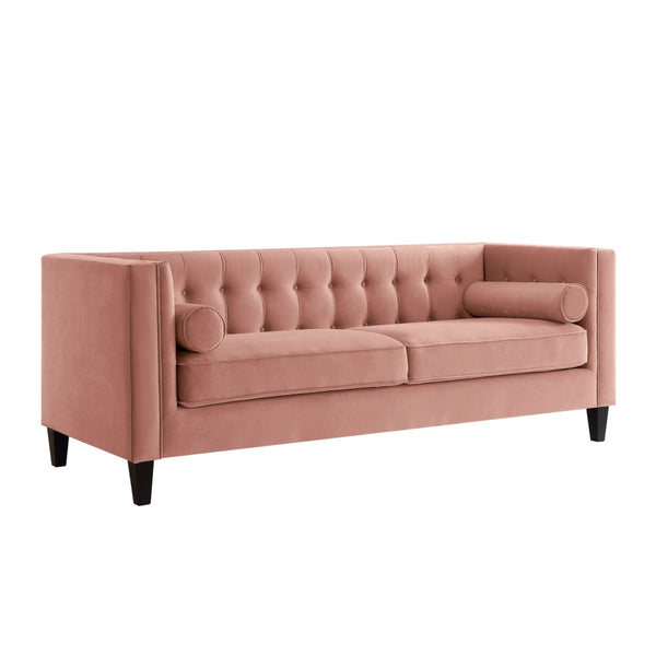 HomeRoots 83" Blush Velvet Sofa with Toss Pillows - Luxurious Comfort, Modern Design & Durable Wood Frame 543948