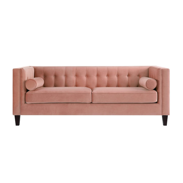 HomeRoots 83" Blush Velvet Sofa with Toss Pillows - Luxurious Comfort, Modern Design & Durable Wood Frame 543948