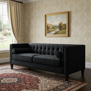 HomeRoots 83" Black Velvet Sofa with Elegant Tufted Design, Espresso Wood Legs & 2 Toss Pillows for Comfort 543949