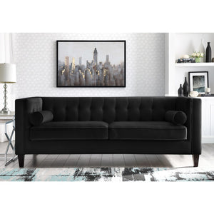 HomeRoots 83" Black Velvet Sofa with Elegant Tufted Design, Espresso Wood Legs & 2 Toss Pillows for Comfort 543949