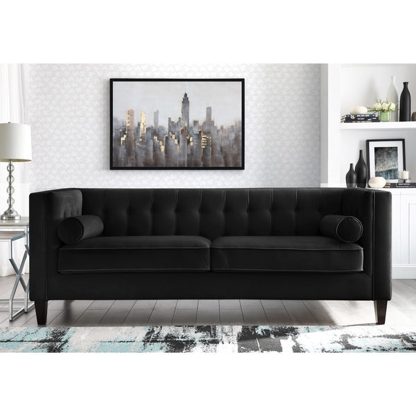HomeRoots 83" Black Velvet Sofa with Elegant Tufted Design, Espresso Wood Legs & 2 Toss Pillows for Comfort 543949