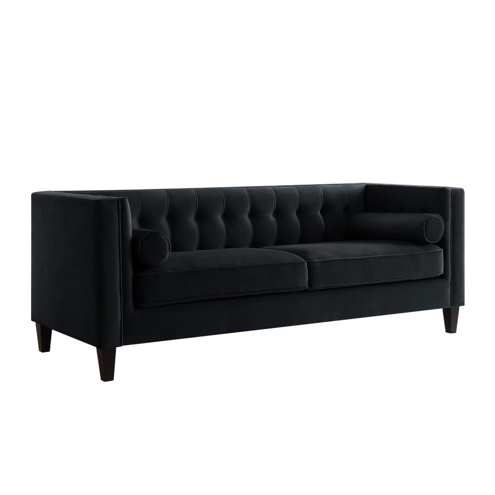HomeRoots 83" Black Velvet Sofa with Elegant Tufted Design, Espresso Wood Legs & 2 Toss Pillows for Comfort 543949
