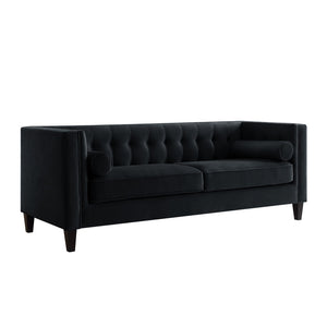 HomeRoots 83" Black Velvet Sofa with Elegant Tufted Design, Espresso Wood Legs & 2 Toss Pillows for Comfort 543949