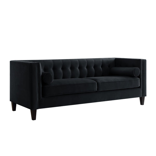 HomeRoots 83" Black Velvet Sofa with Elegant Tufted Design, Espresso Wood Legs & 2 Toss Pillows for Comfort 543949