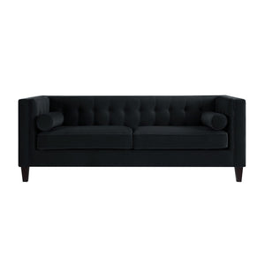 HomeRoots 83" Black Velvet Sofa with Elegant Tufted Design, Espresso Wood Legs & 2 Toss Pillows for Comfort 543949