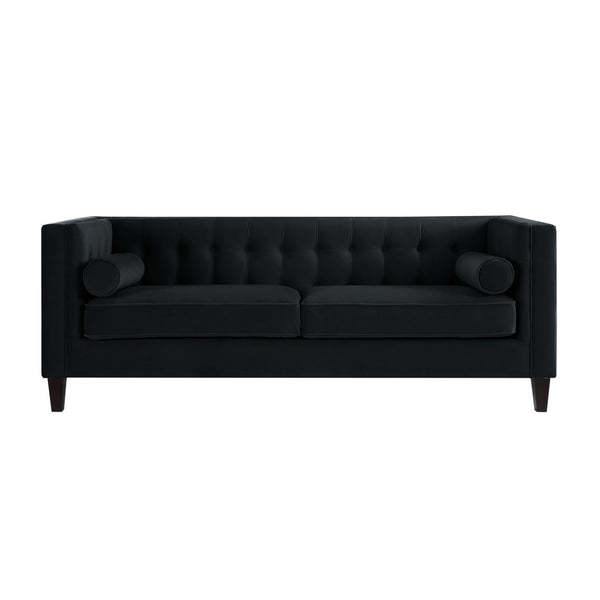 HomeRoots 83" Black Velvet Sofa with Elegant Tufted Design, Espresso Wood Legs & 2 Toss Pillows for Comfort 543949