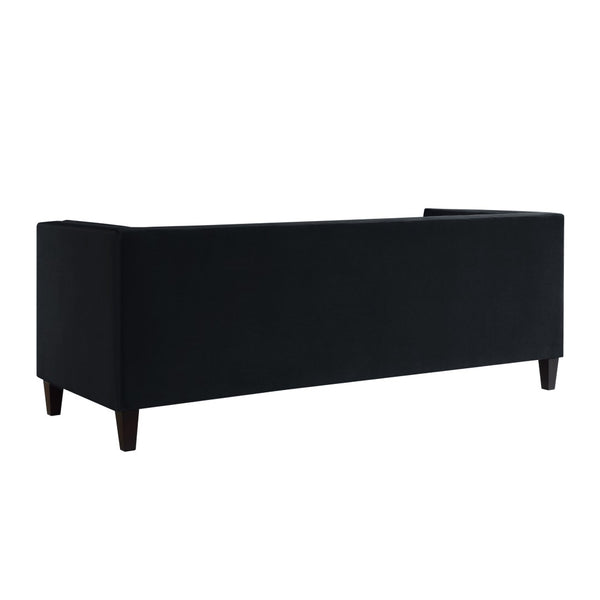 HomeRoots 83" Black Velvet Sofa with Elegant Tufted Design, Espresso Wood Legs & 2 Toss Pillows for Comfort 543949