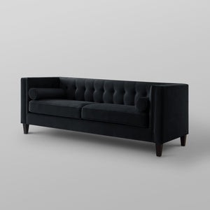 HomeRoots 83" Black Velvet Sofa with Elegant Tufted Design, Espresso Wood Legs & 2 Toss Pillows for Comfort 543949