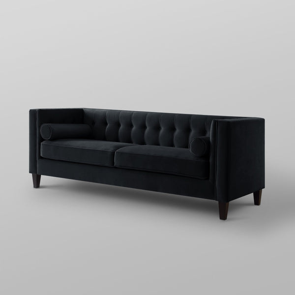 HomeRoots 83" Black Velvet Sofa with Elegant Tufted Design, Espresso Wood Legs & 2 Toss Pillows for Comfort 543949