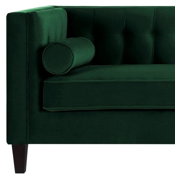 HomeRoots 83" Green Velvet Sofa with Elegant Tufting, Espresso Legs & Toss Pillows for Ultimate Comfort 543950
