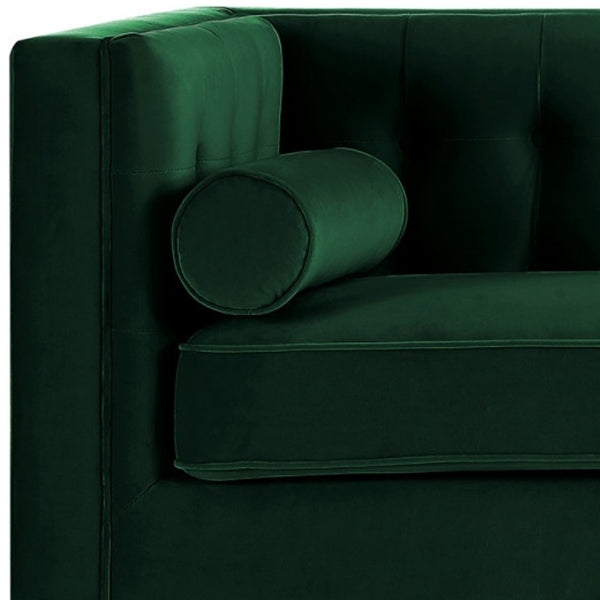 HomeRoots 83" Green Velvet Sofa with Elegant Tufting, Espresso Legs & Toss Pillows for Ultimate Comfort 543950