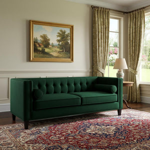 HomeRoots 83" Green Velvet Sofa with Elegant Tufting, Espresso Legs & Toss Pillows for Ultimate Comfort 543950
