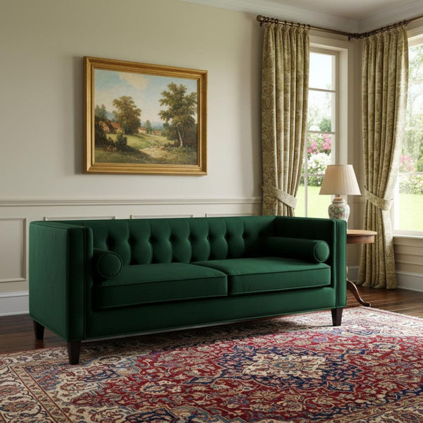 HomeRoots 83" Green Velvet Sofa with Elegant Tufting, Espresso Legs & Toss Pillows for Ultimate Comfort 543950