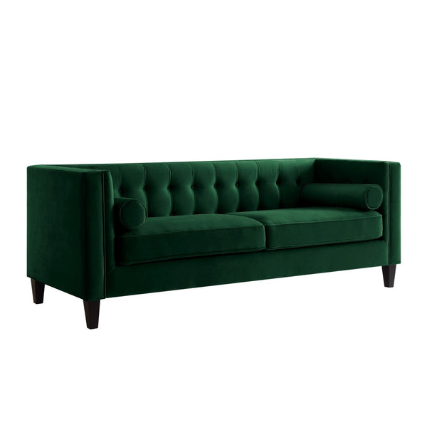 HomeRoots 83" Green Velvet Sofa with Elegant Tufting, Espresso Legs & Toss Pillows for Ultimate Comfort 543950