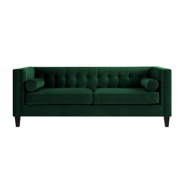 HomeRoots 83" Green Velvet Sofa with Elegant Tufting, Espresso Legs & Toss Pillows for Ultimate Comfort 543950