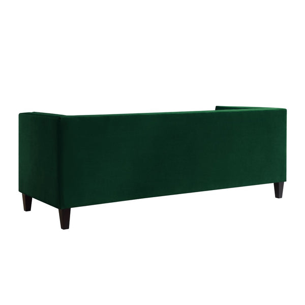 HomeRoots 83" Green Velvet Sofa with Elegant Tufting, Espresso Legs & Toss Pillows for Ultimate Comfort 543950