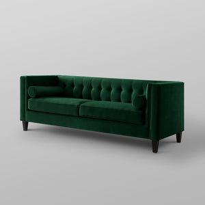 HomeRoots 83" Green Velvet Sofa with Elegant Tufting, Espresso Legs & Toss Pillows for Ultimate Comfort 543950