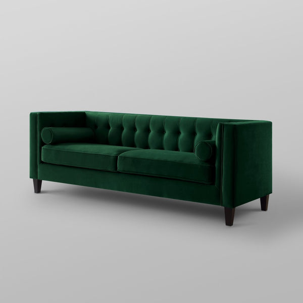 HomeRoots 83" Green Velvet Sofa with Elegant Tufting, Espresso Legs & Toss Pillows for Ultimate Comfort 543950