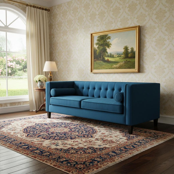 HomeRoots 83" Navy Blue Velvet Sofa – Luxurious Comfort with Elegant Design & Toss Pillows for Stylish Living 543953