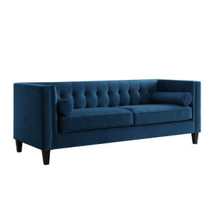 HomeRoots 83" Navy Blue Velvet Sofa – Luxurious Comfort with Elegant Design & Toss Pillows for Stylish Living 543953