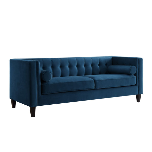 HomeRoots 83" Navy Blue Velvet Sofa – Luxurious Comfort with Elegant Design & Toss Pillows for Stylish Living 543953