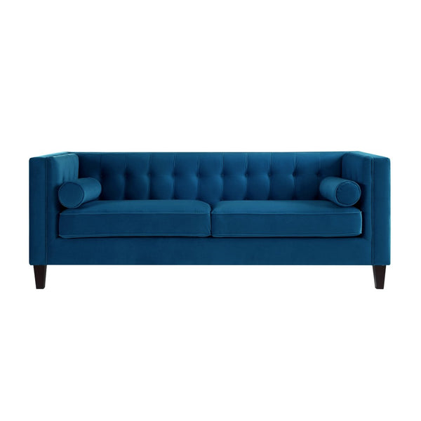 HomeRoots 83" Navy Blue Velvet Sofa – Luxurious Comfort with Elegant Design & Toss Pillows for Stylish Living 543953