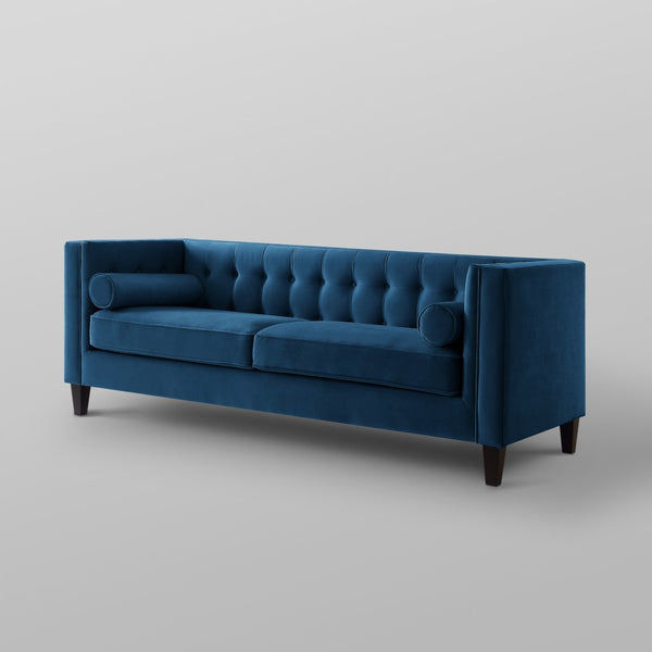 HomeRoots 83" Navy Blue Velvet Sofa – Luxurious Comfort with Elegant Design & Toss Pillows for Stylish Living 543953