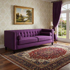 HomeRoots 83" Purple Velvet Sofa with Tufted Design, Toss Pillows, and Durable Espresso Wood Legs for Comfort 543954