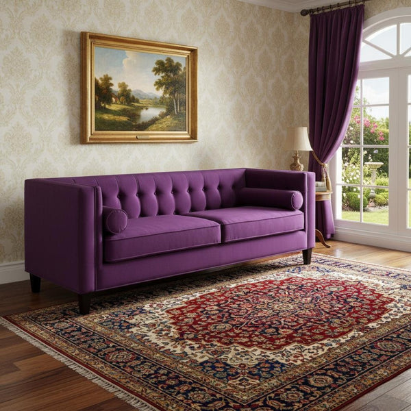 HomeRoots 83" Purple Velvet Sofa with Tufted Design, Toss Pillows, and Durable Espresso Wood Legs for Comfort 543954